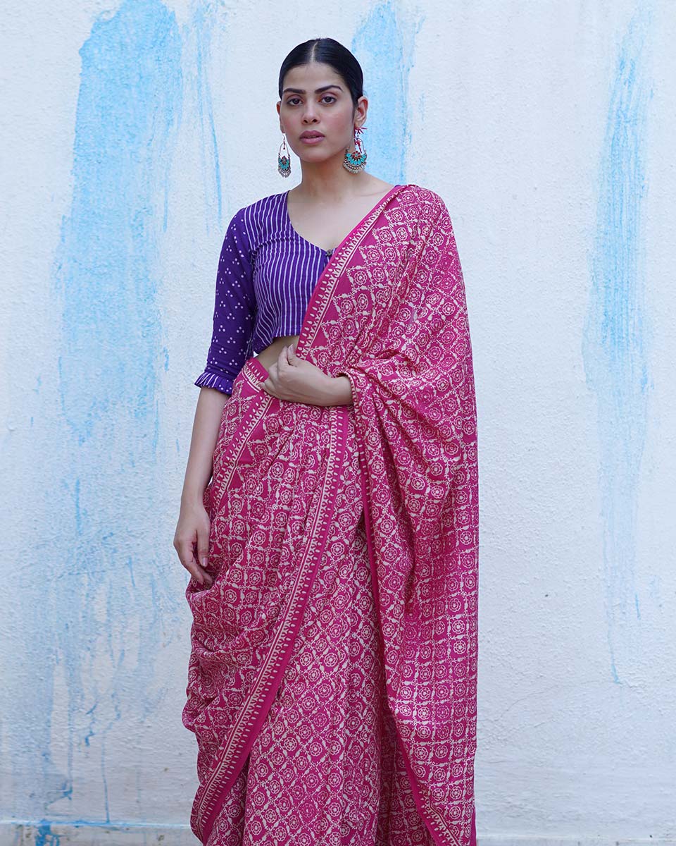 Phulpari Pink Handblock Print Cotton Saree - BFG