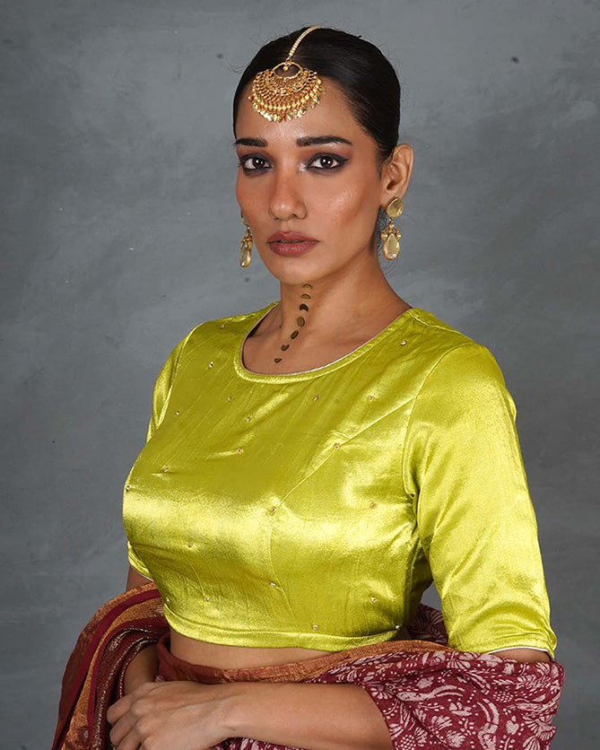 Leela Lime Green Mashru Silk Blouse - TARA