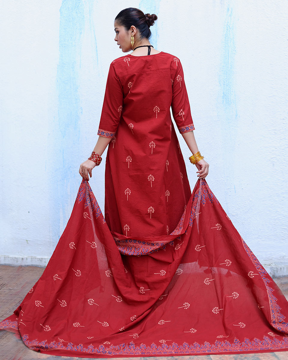 Tara Red Handblock Print Cotton Dupatta - RSH