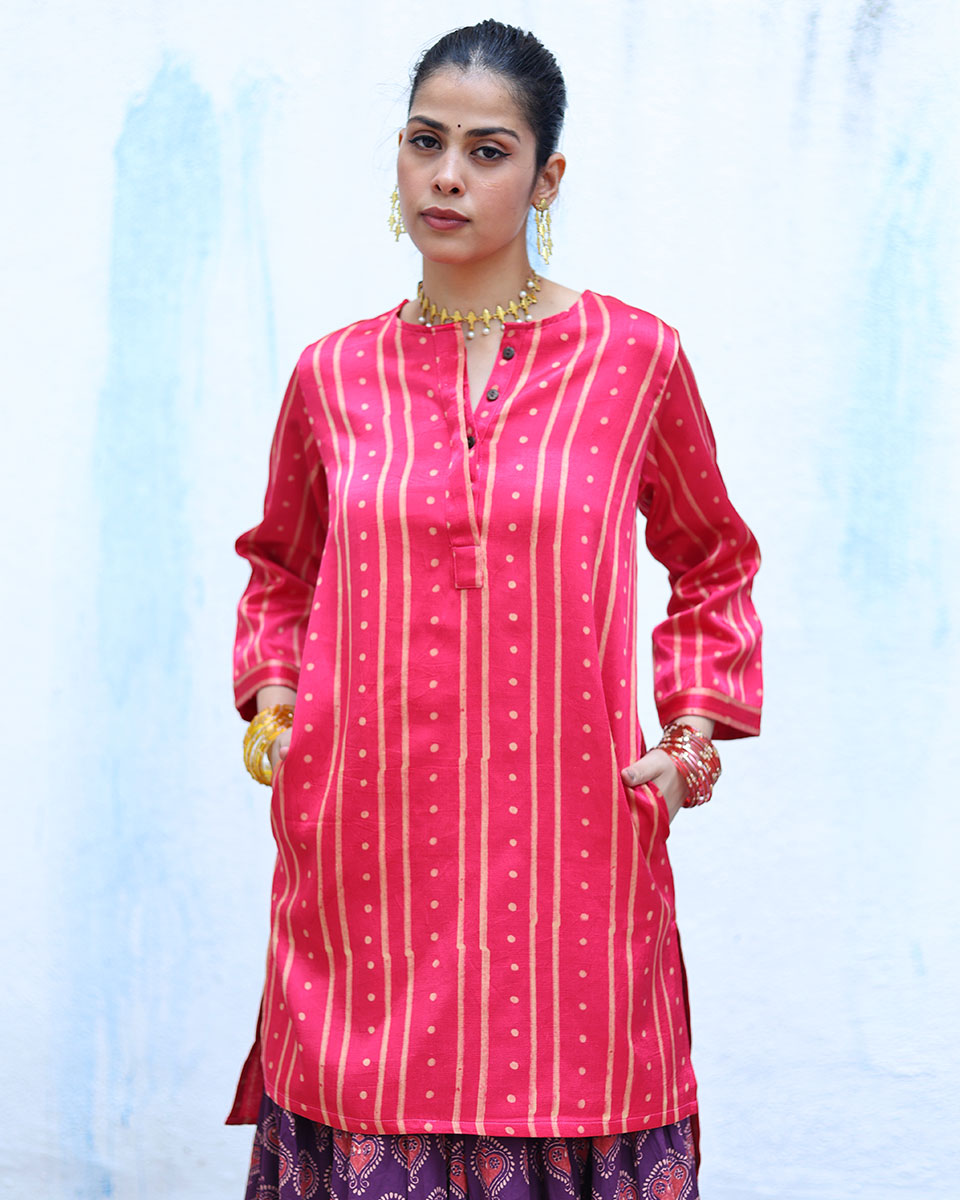 Kiran Pink Handblock Print Mashru Silk Kurta - RSH