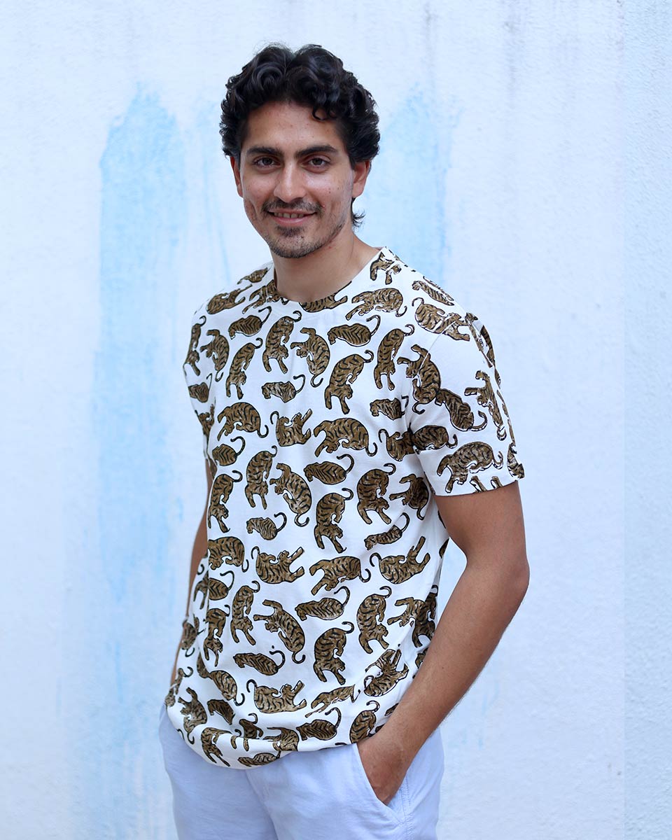 Manzar White Hand Block Print Cotton T- Shirt - TOF