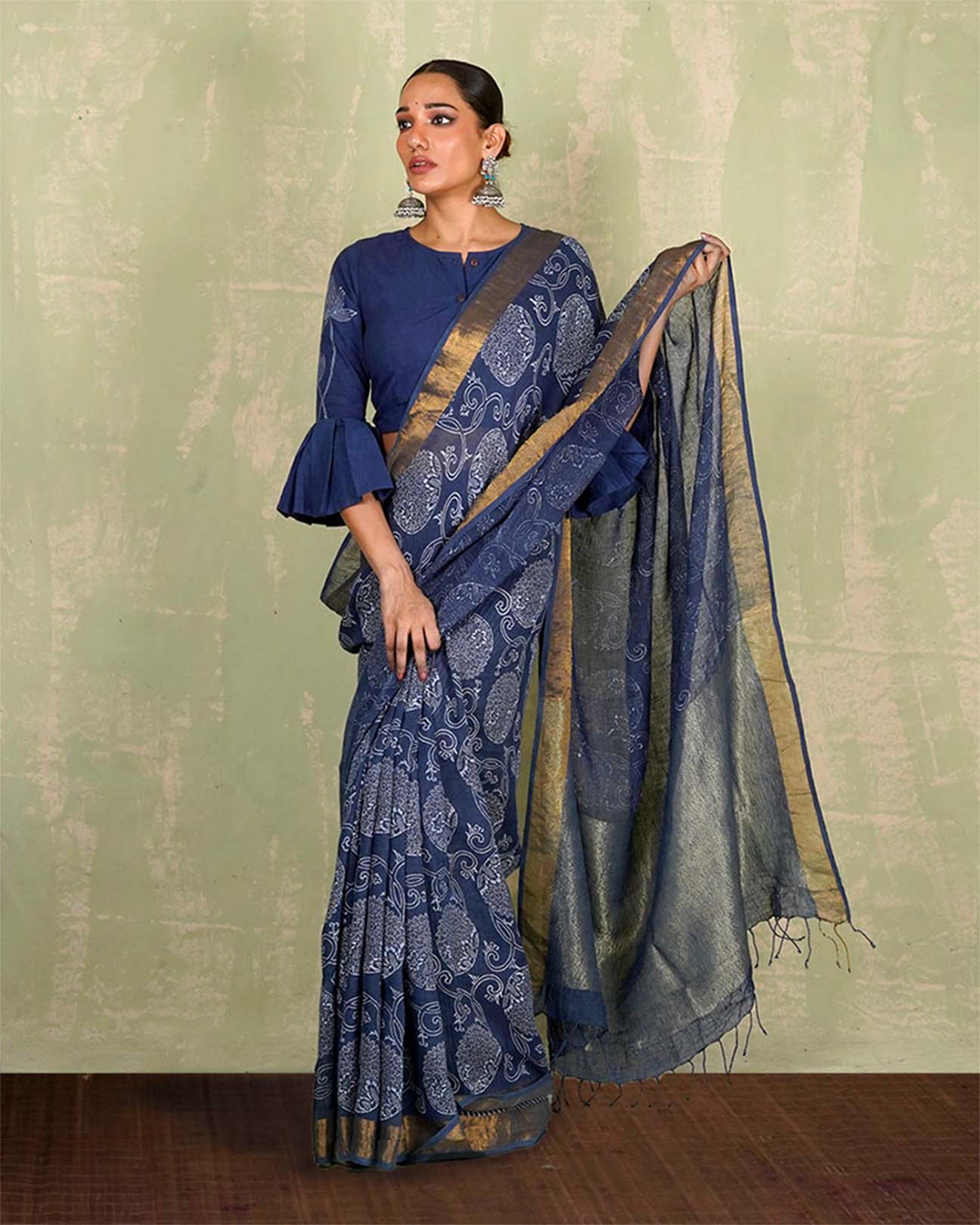 Rahi Blue Handblock Print Linen Saree - INDI