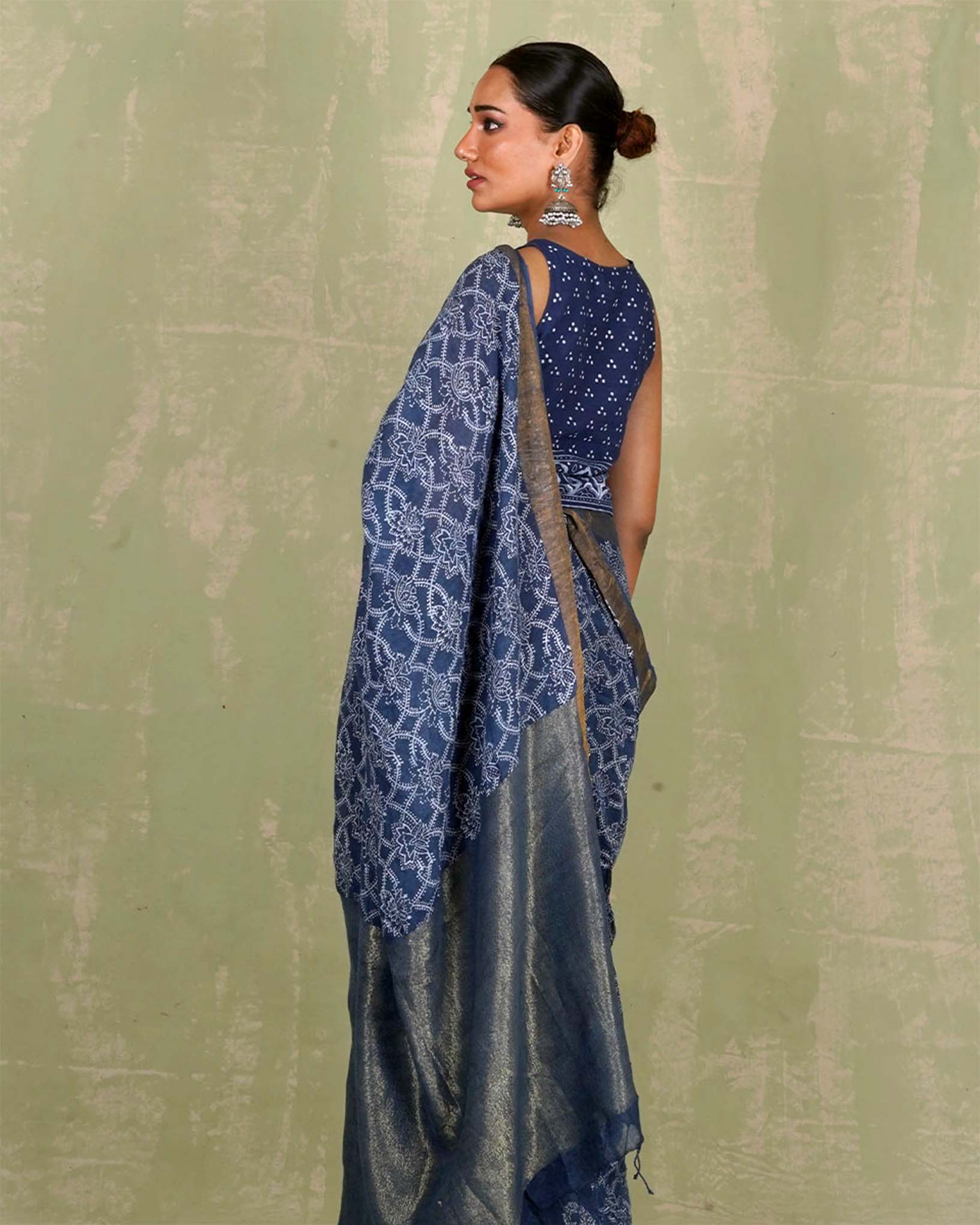 Malavi Blue Handblock Print Linen Saree - INDI