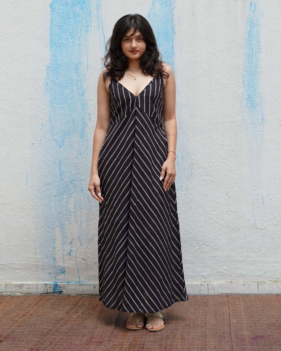 Snow Moon Black Handblock Print Cotton Dress - MNCH
