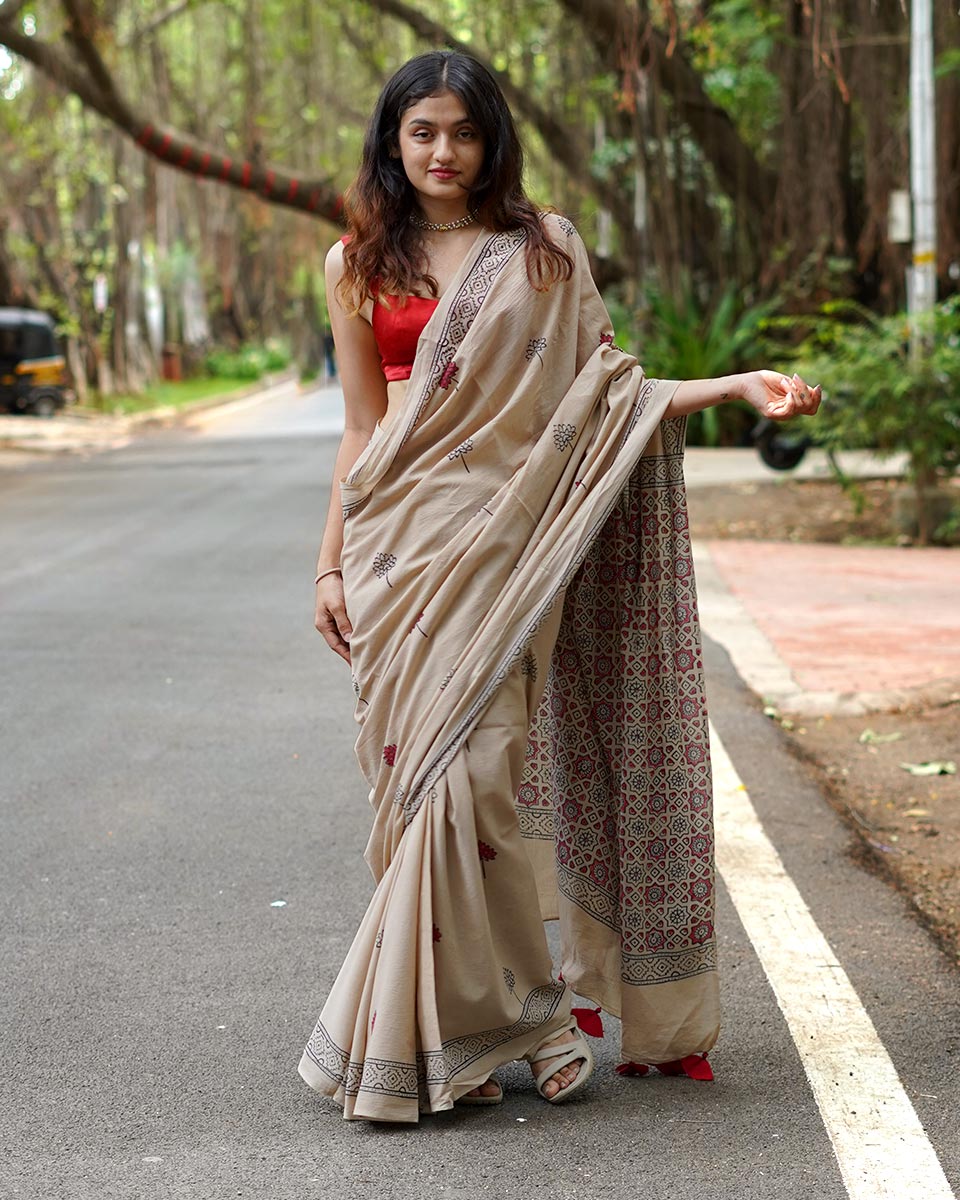 Coconut Chikki Beige Handblock Print Cotton Saree - PBC