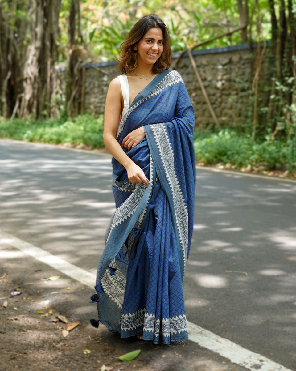 Butterflypea Pudding Blue Handblock Print Cotton Saree - PBC