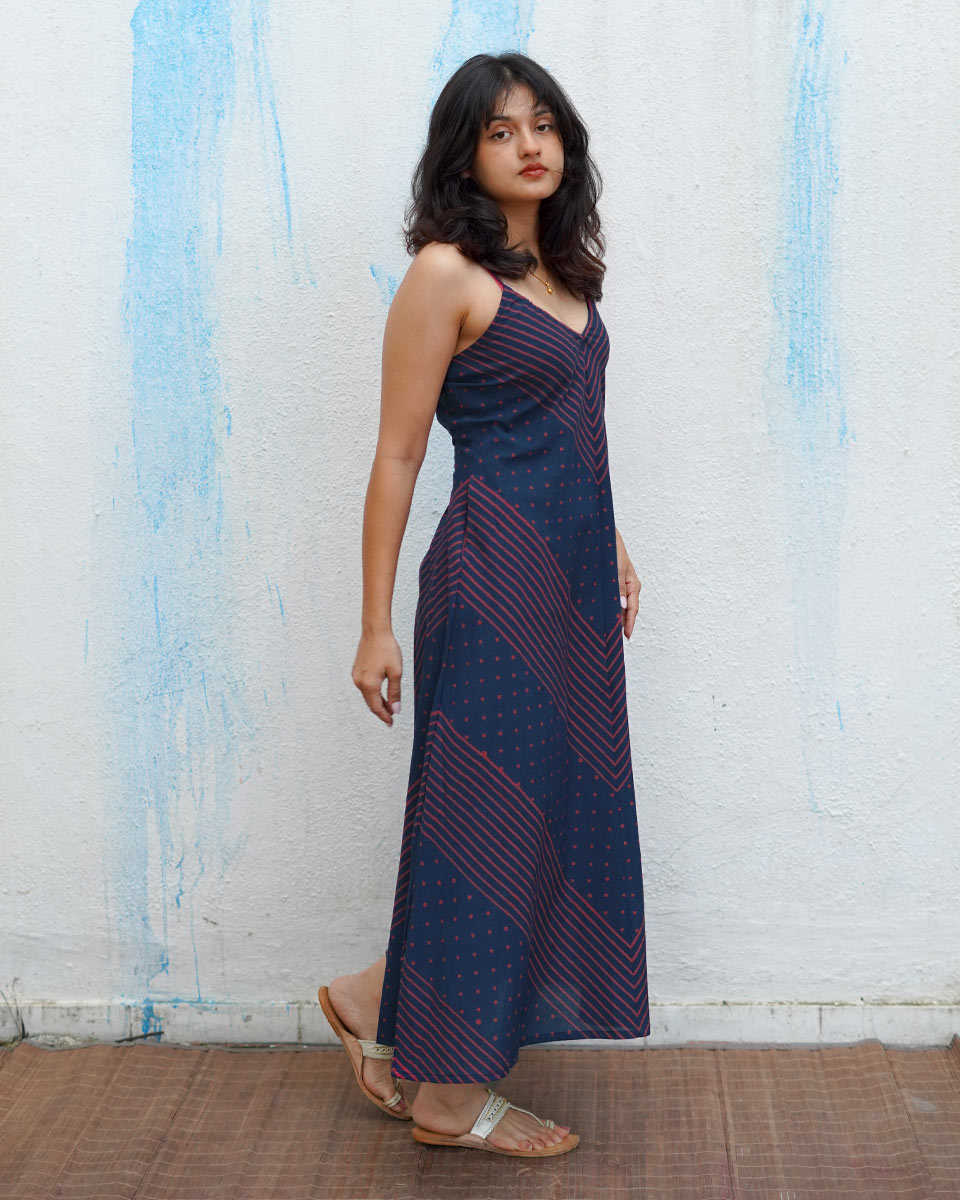 Wolf Moon Blue Handblock Print Cotton Dress - MNCH