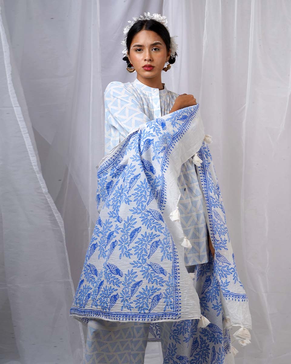 Milu Blue Hand Block Printed Dupatta-BAD