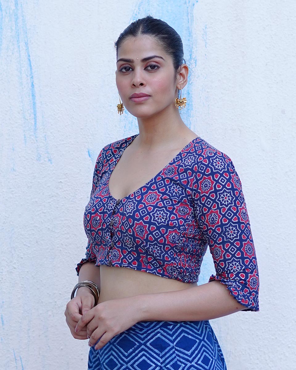 Carefree Hours Indigo Blue Hand Block Printed Cotton Blouse - UMT