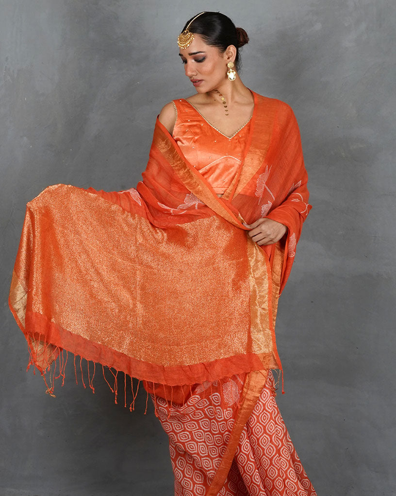 Meher Orange Handblock Linen Saree - TARA
