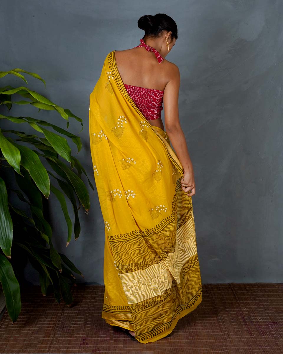 Mriga Yellow Hand Block Printed Saree-MYA