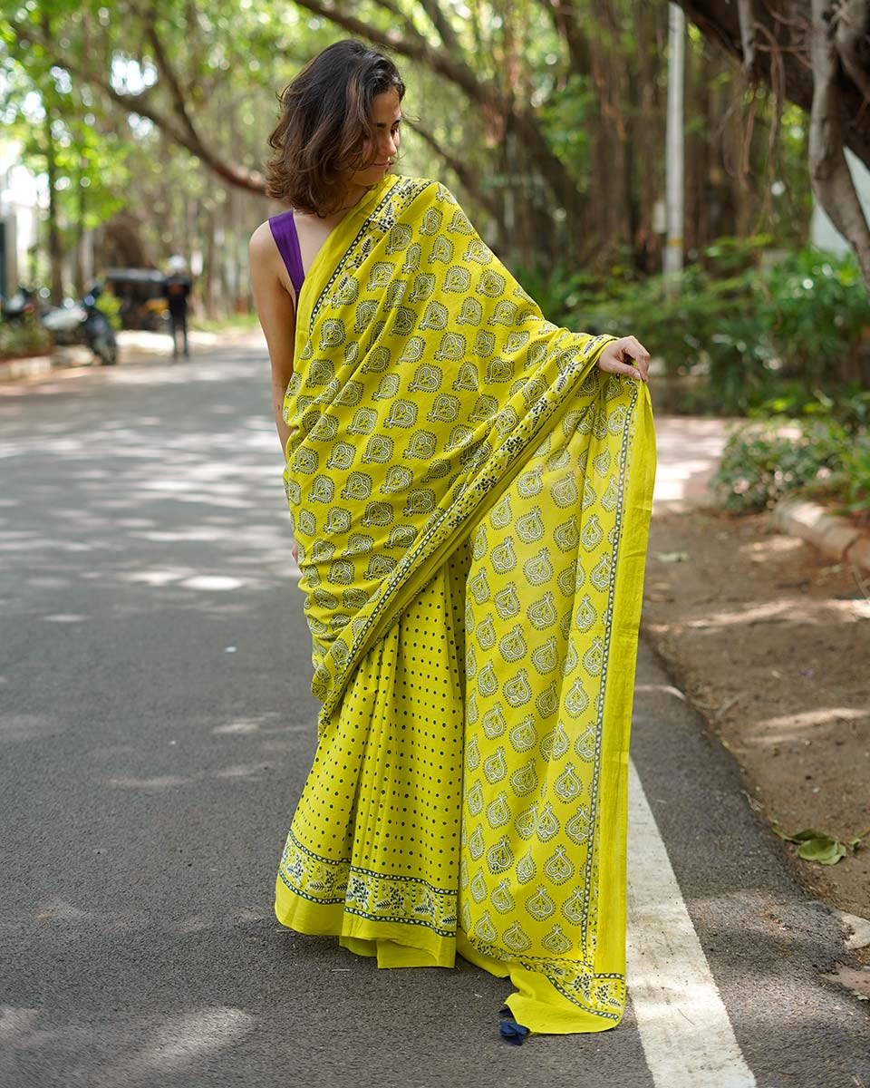 Kaccha Aam Toffee Yellow Handblock Print Cotton Saree - PBC