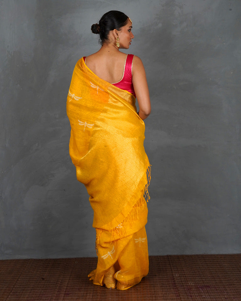 Roshni Yellow Handblock Linen Saree - TARA