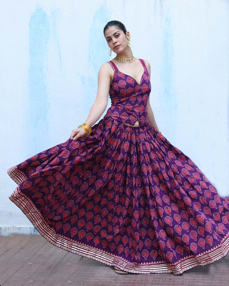 Jyoti Purple Handblock Print Cotton Ghagra - RSH