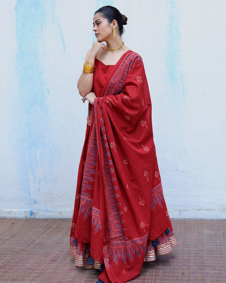 Chiraagh Red Handblock Print Cotton Dupatta - RSH