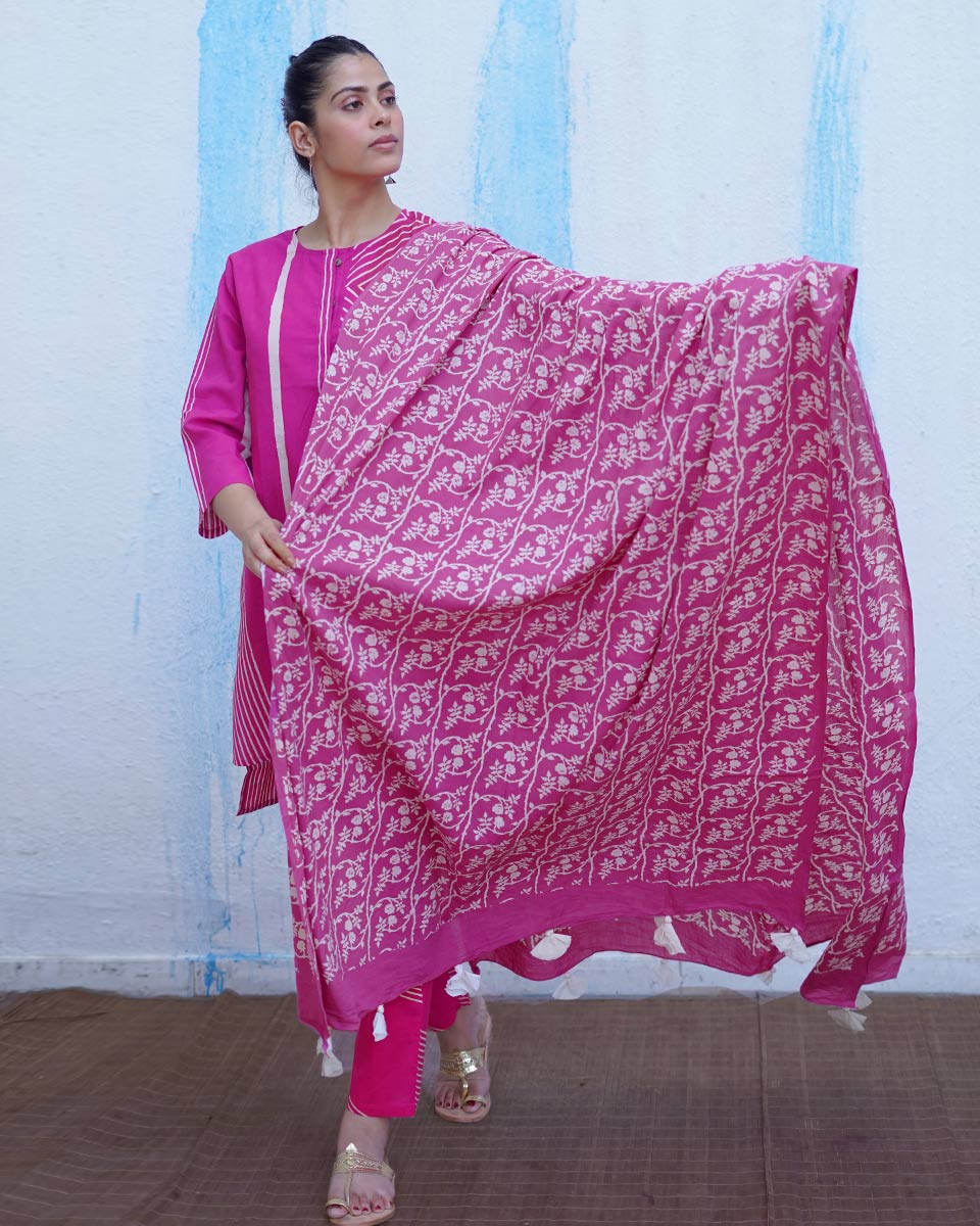 Mayuri Pink Handblock Print Cotton Dupatta - BFG