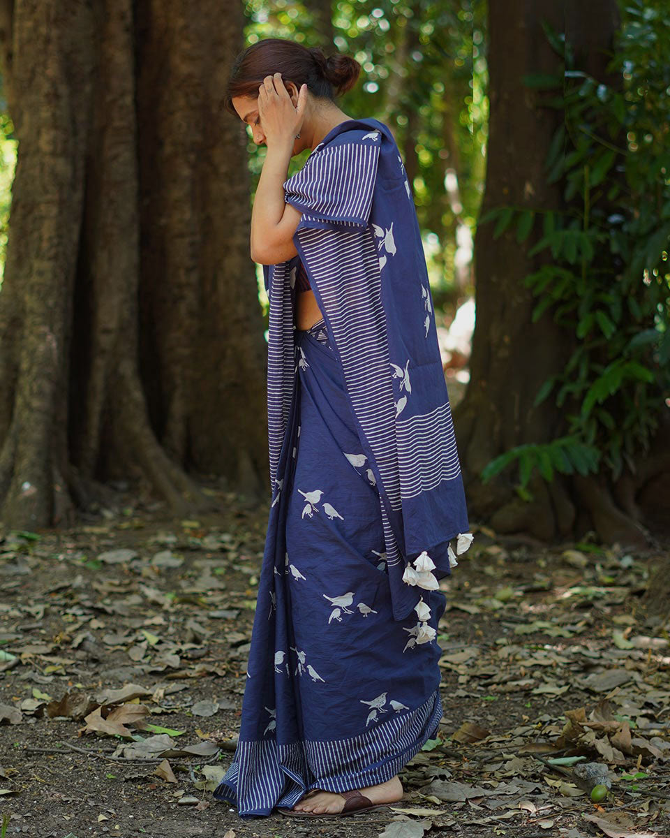 Mehekti Khushboo Blue Hand Block Printed Cotton Saree - UMT