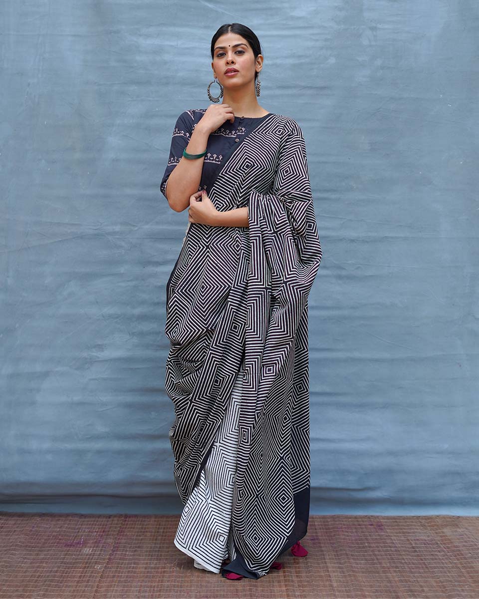 Vintage Muse Black & White Handblock Print Cotton Saree - M&M