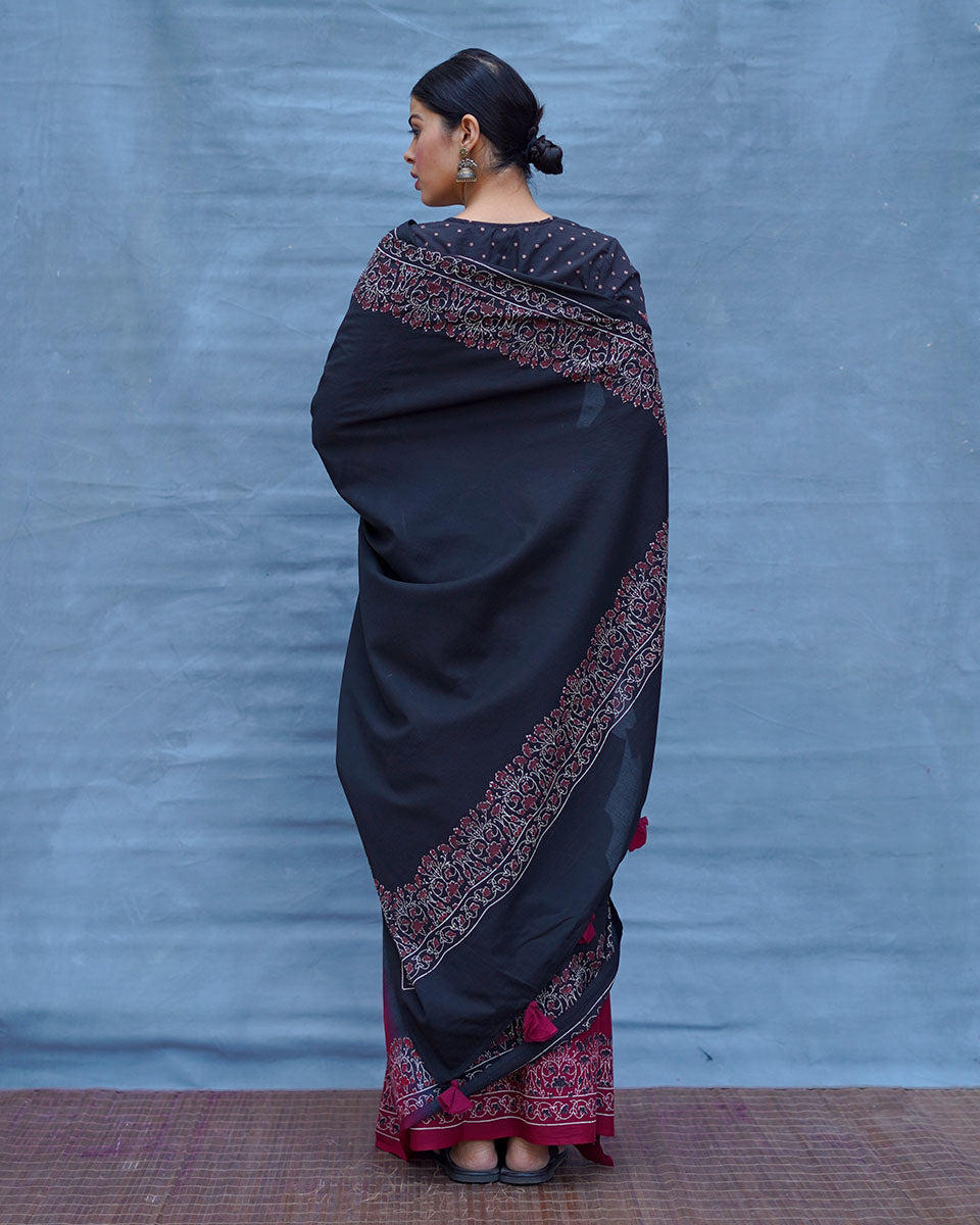 Binodini Black With Maroon Handblock Printed Cotton Saree - Soil