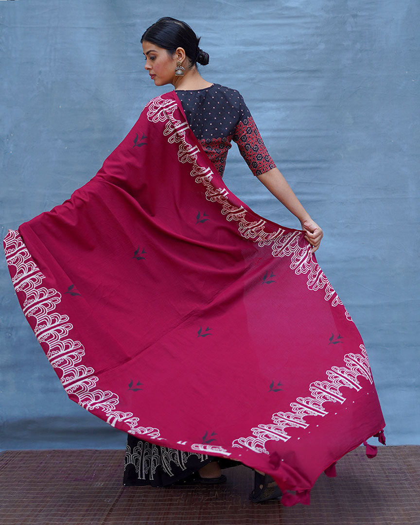 Damini Maroon With Black Handblock Printed Cotton Saree - Soil