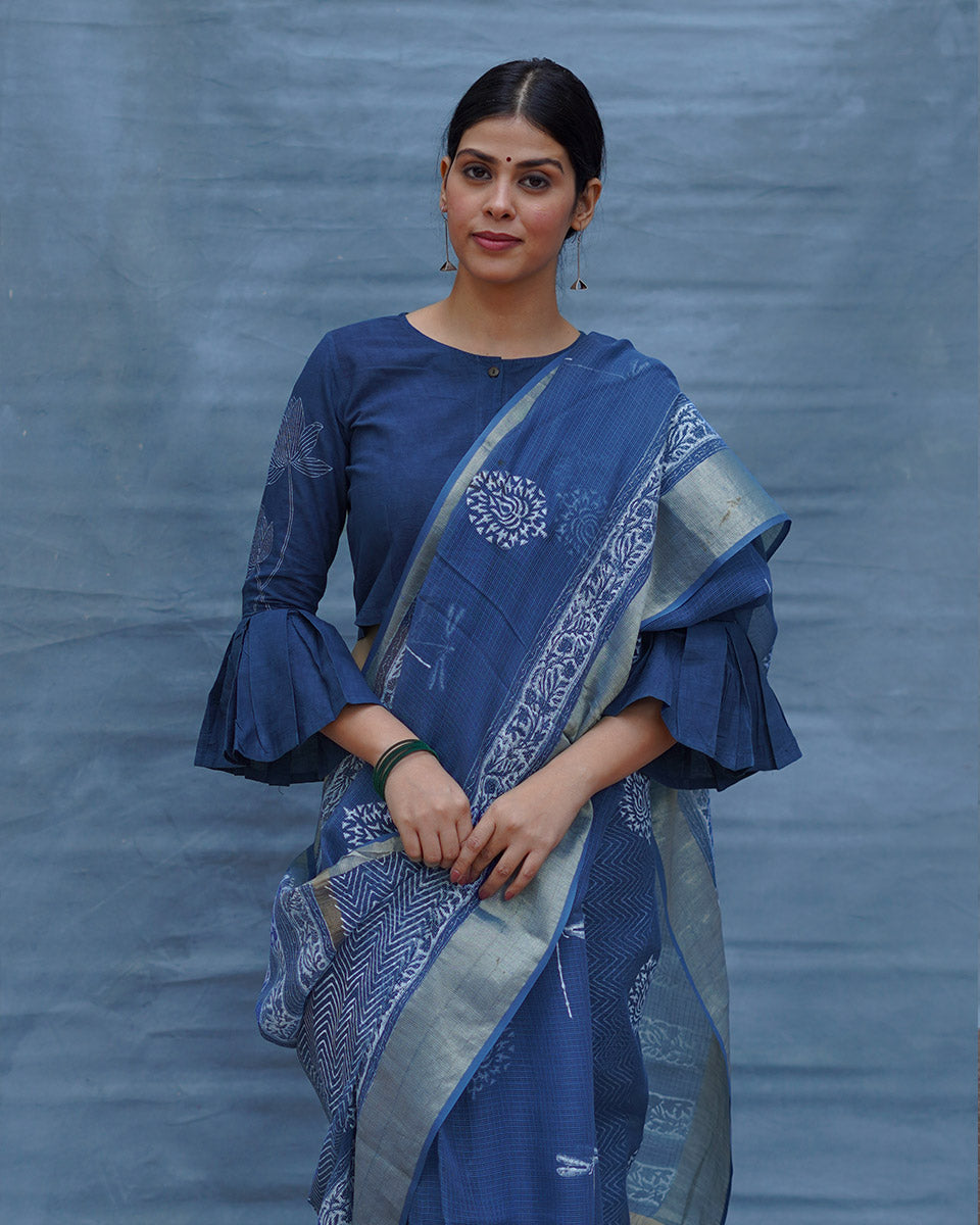 Indigo Shore Blue Block Printed Kota Doria Saree - INDI