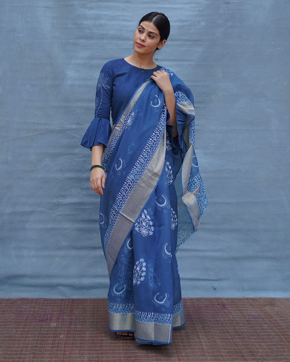 Moon water Blue Block Printed Kota Doria Saree - INDI