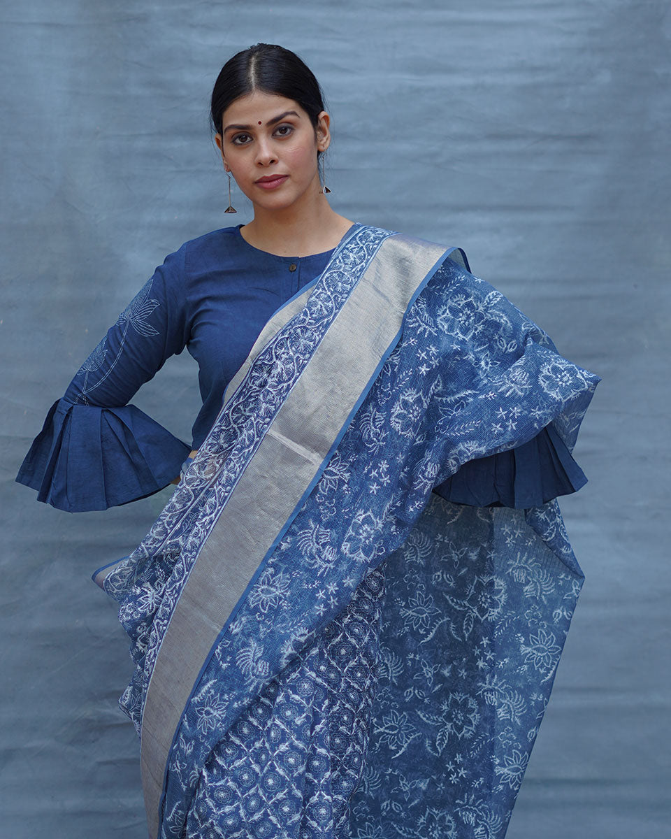Waiting Sea Blue Block Printed Kota Doria Saree - INDI