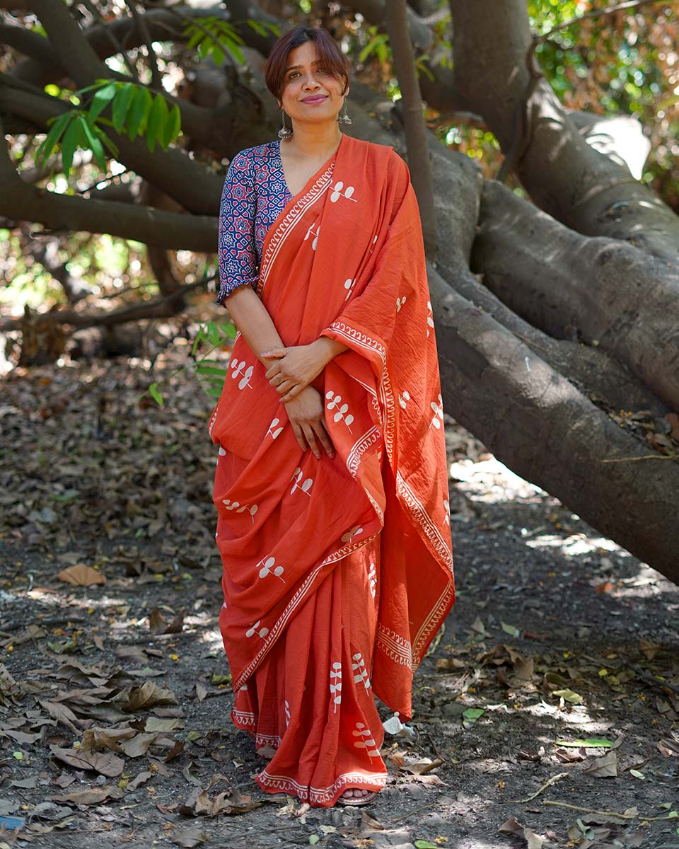 Sunlit Afternoons Orange Hand Block Printed Cotton Saree - UMT