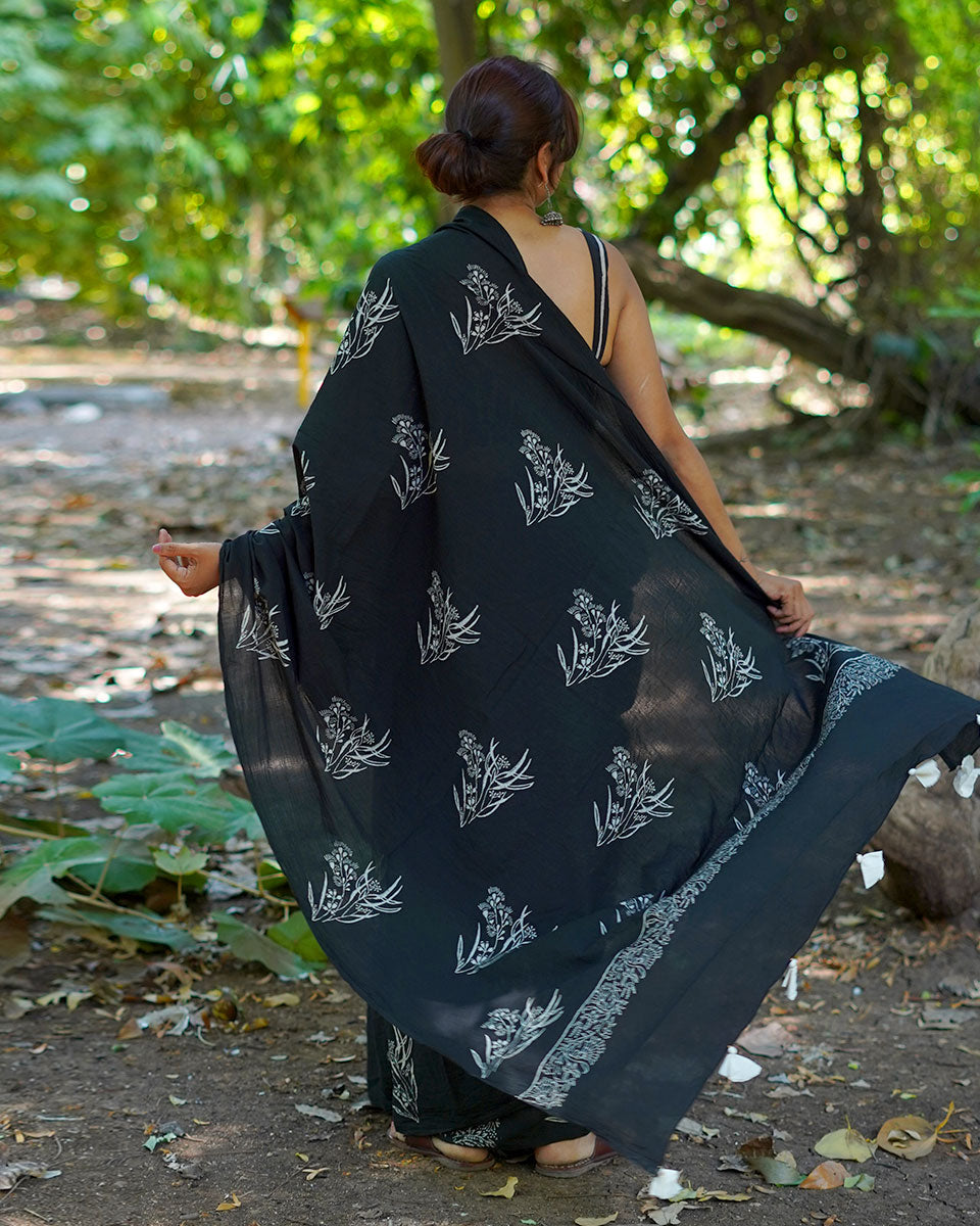 Afternoon Nap Black Hand Block Printed Cotton Saree - UMT