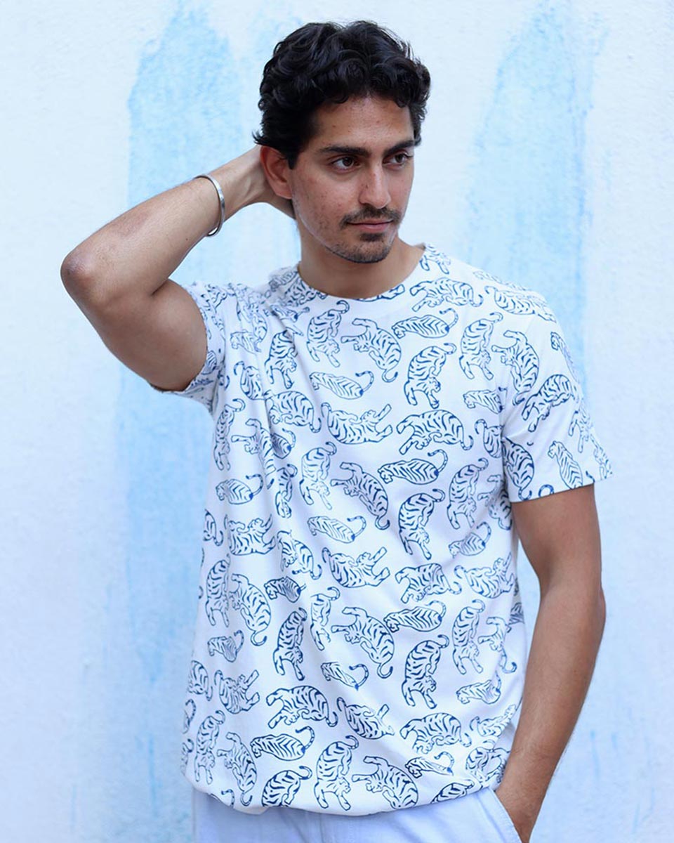 Farhad White Hand Block Print Cotton T- Shirt - TOF