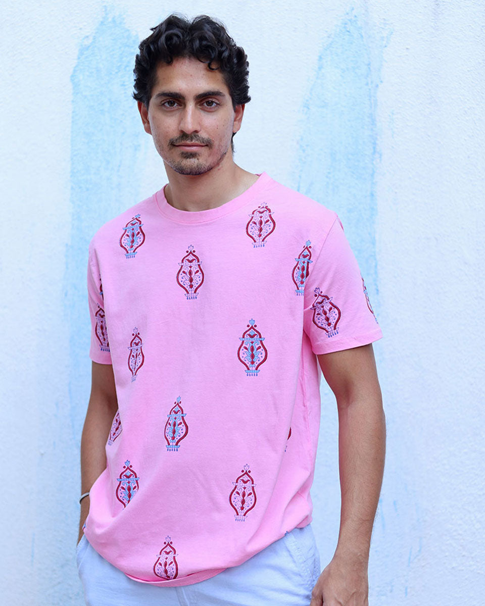Mehboob Pink Hand Block Print Cotton T- Shirt - TOF