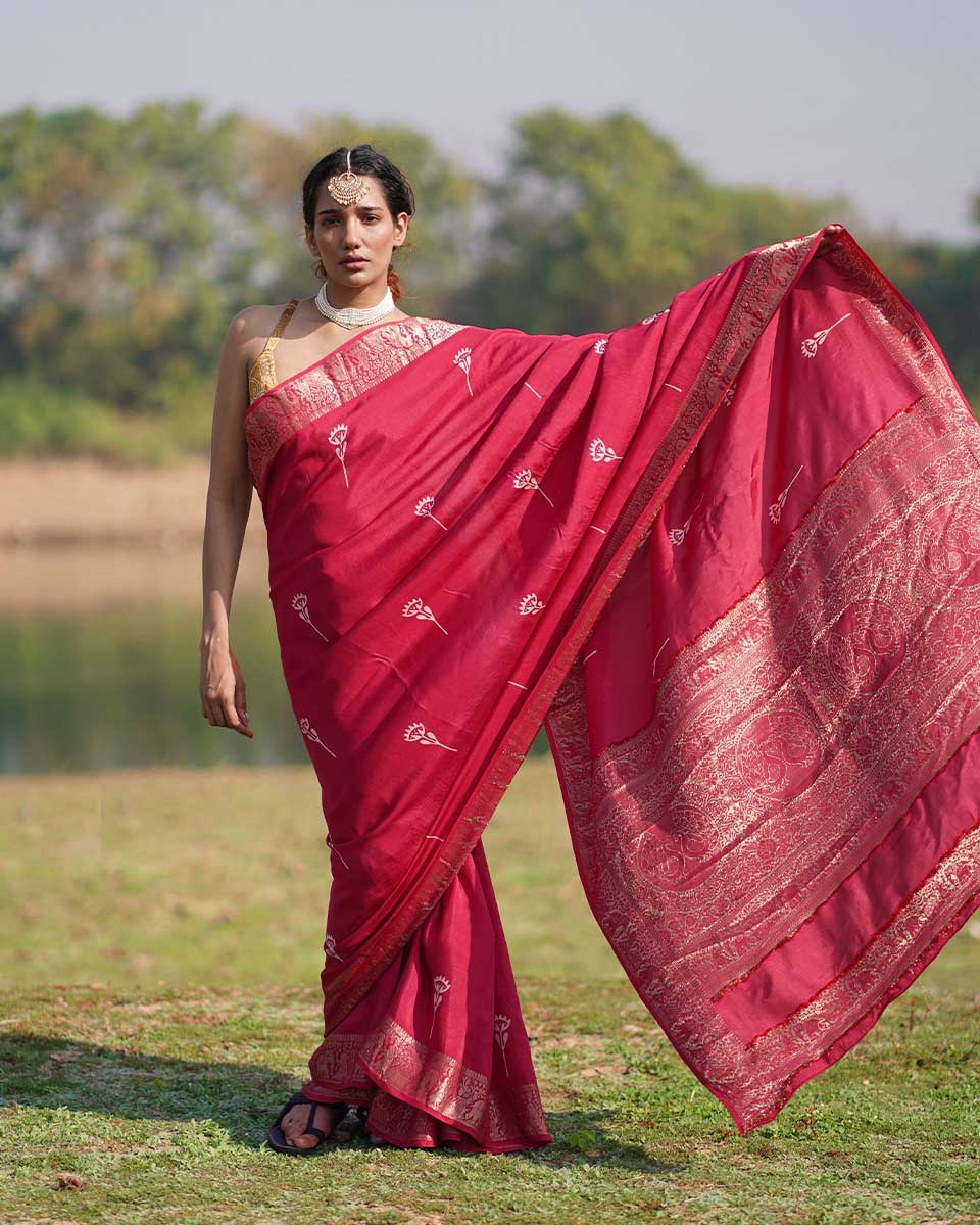 Leela Pink Block printed Dola Silk Saree - RB