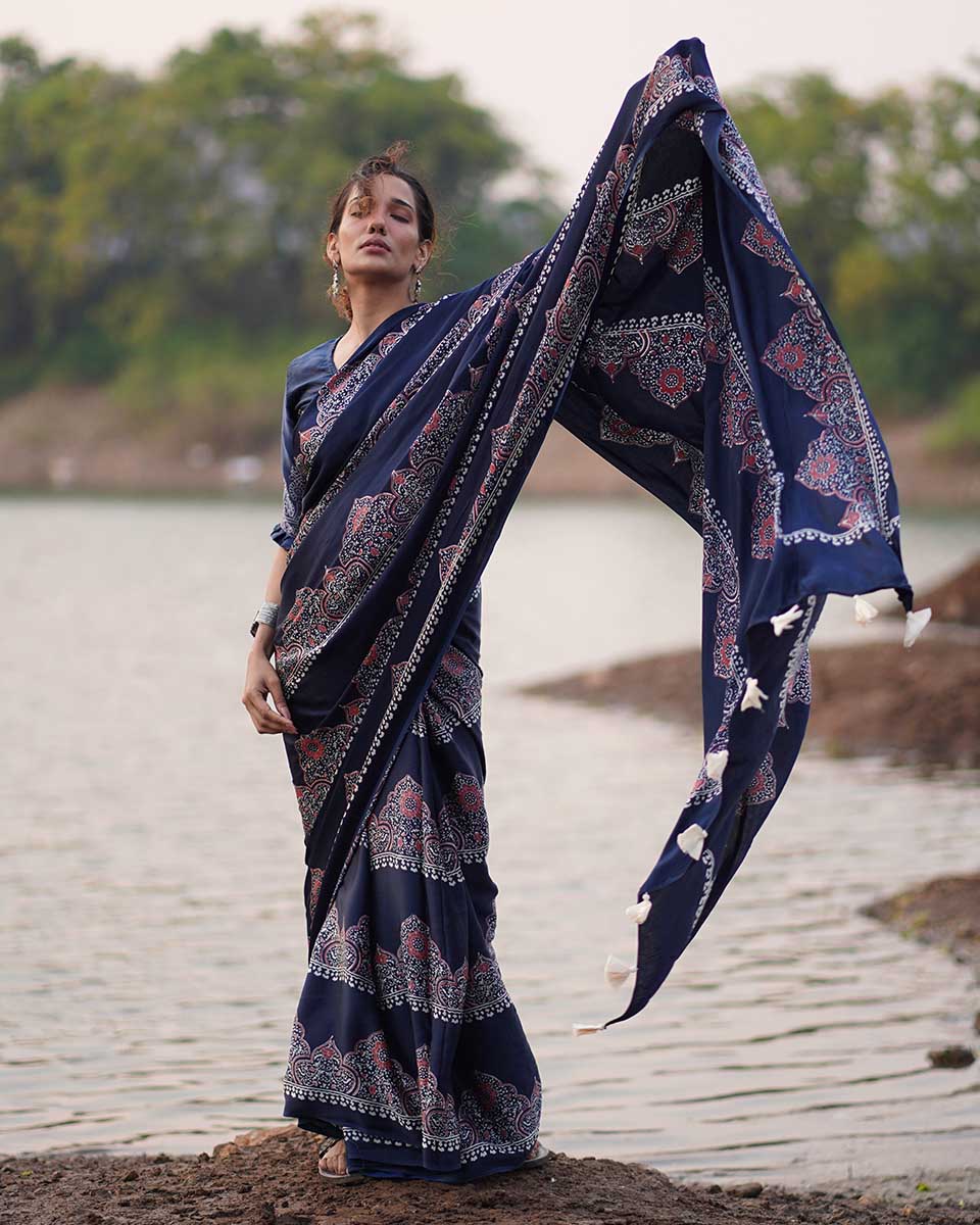 Elishat Black Block printed Modal Silk Saree - Jaisal