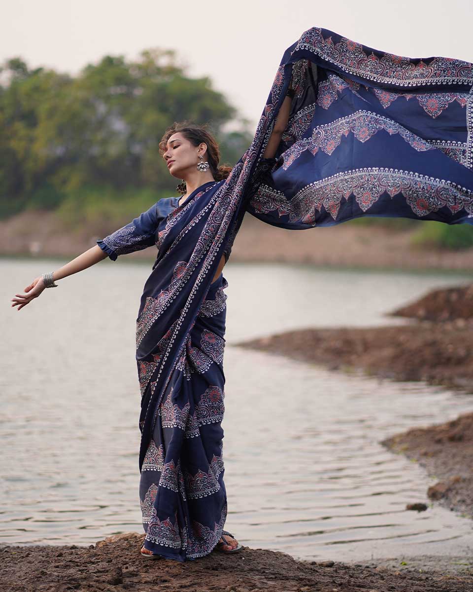 Elishat Black Block printed Modal Silk Saree - Jaisal