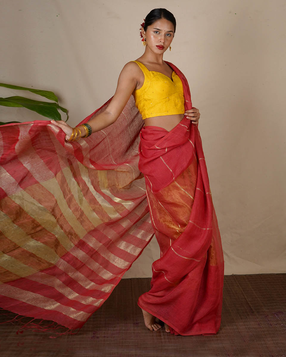 Jyotsna Maroon Handwoven Linen Zari Saree - Eknoor