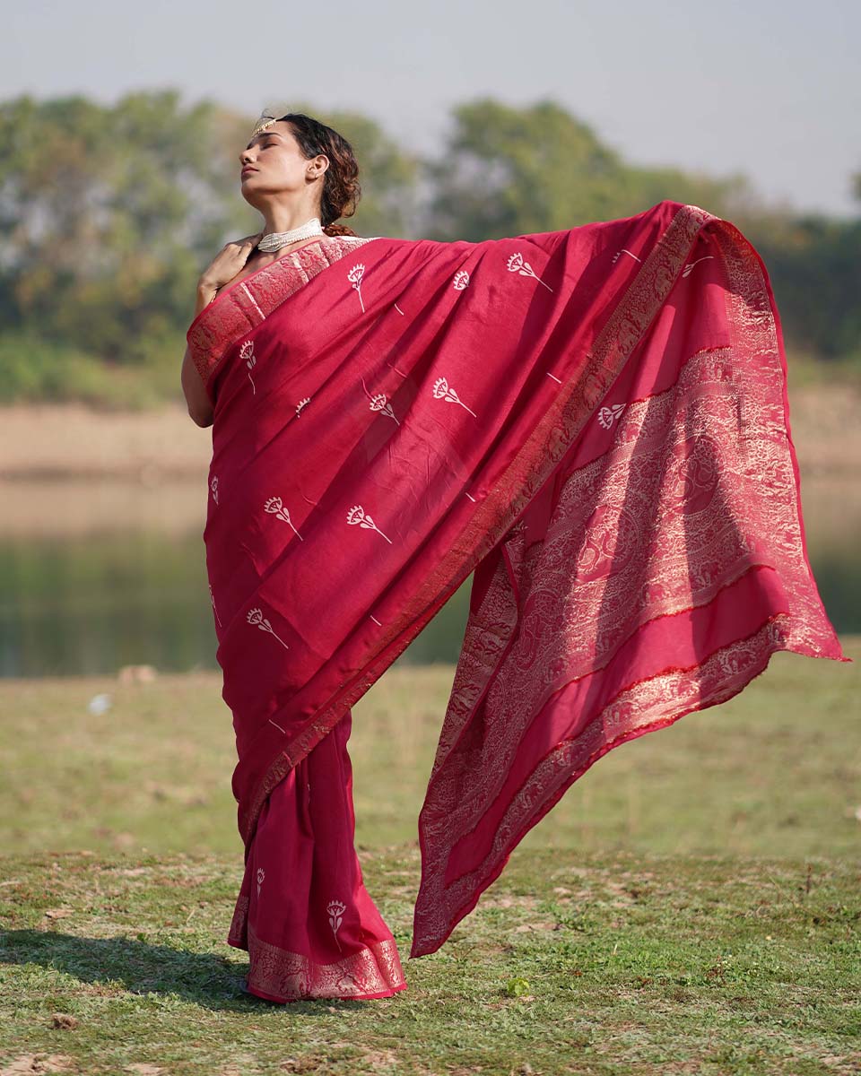 Leela Pink Block printed Dola Silk Saree - RB