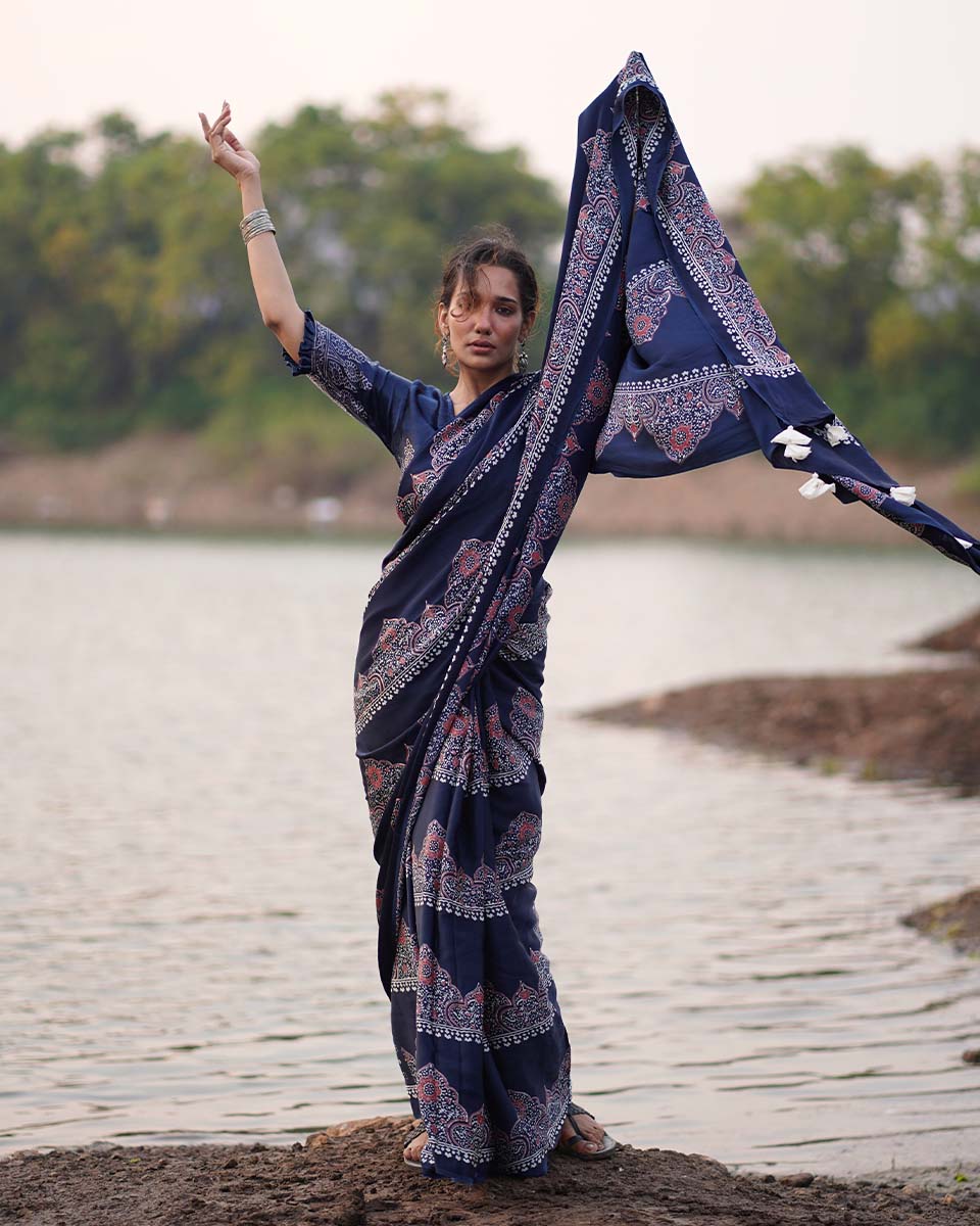 Elishat Black Block printed Modal Silk Saree - Jaisal