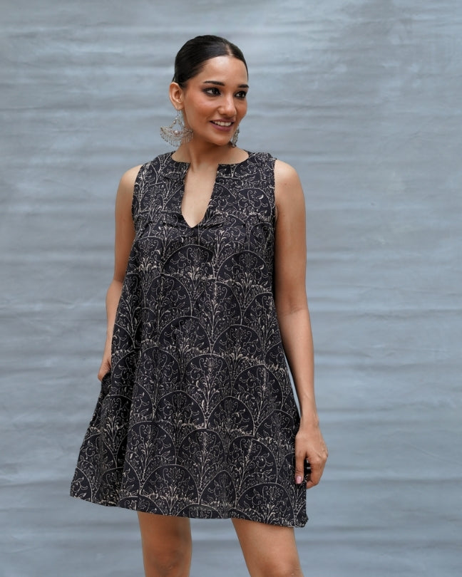 Pink Moon Black Handblock Print Cotton Dress - MNCH