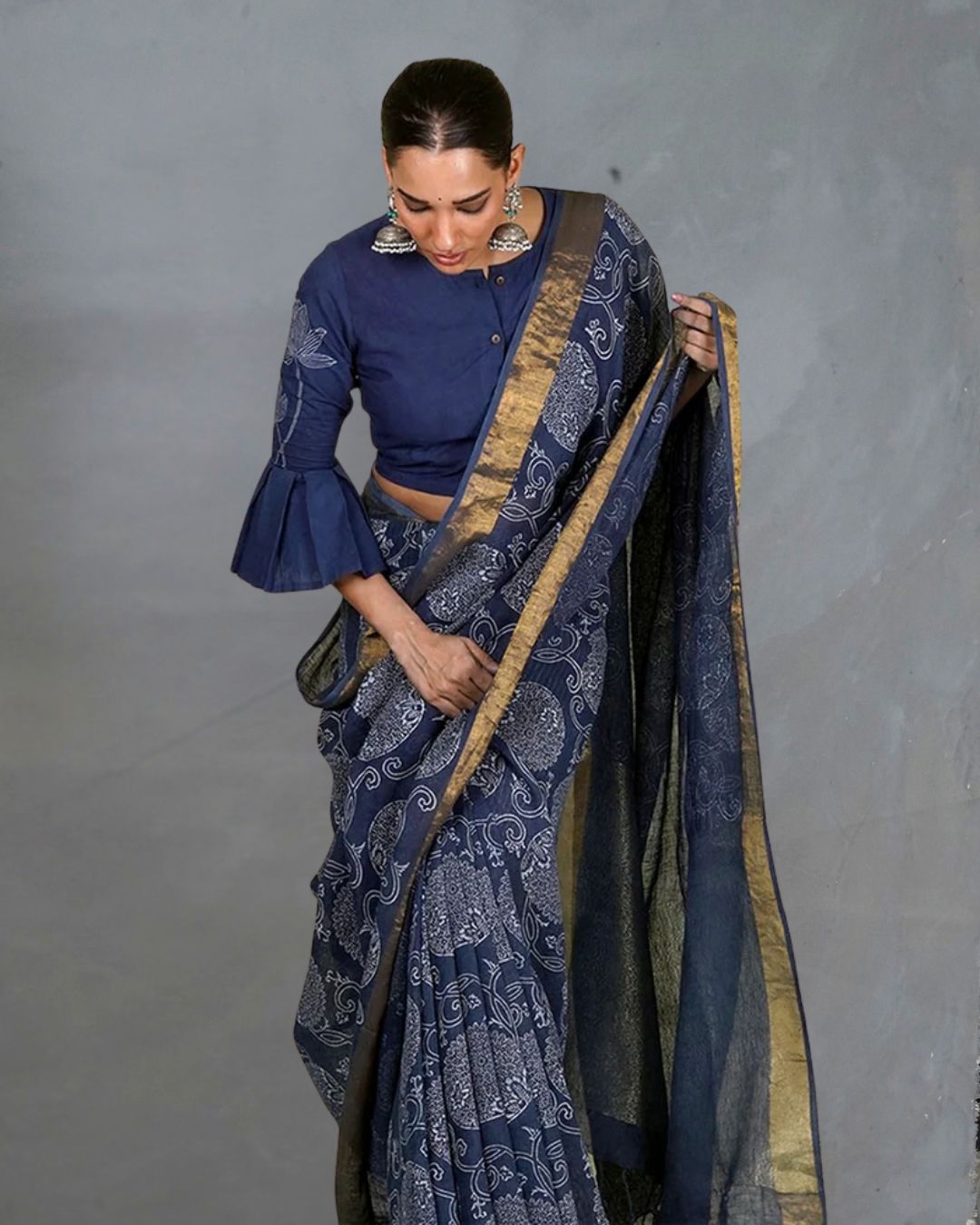 Rahi Blue Handblock Print Linen Saree - INDI