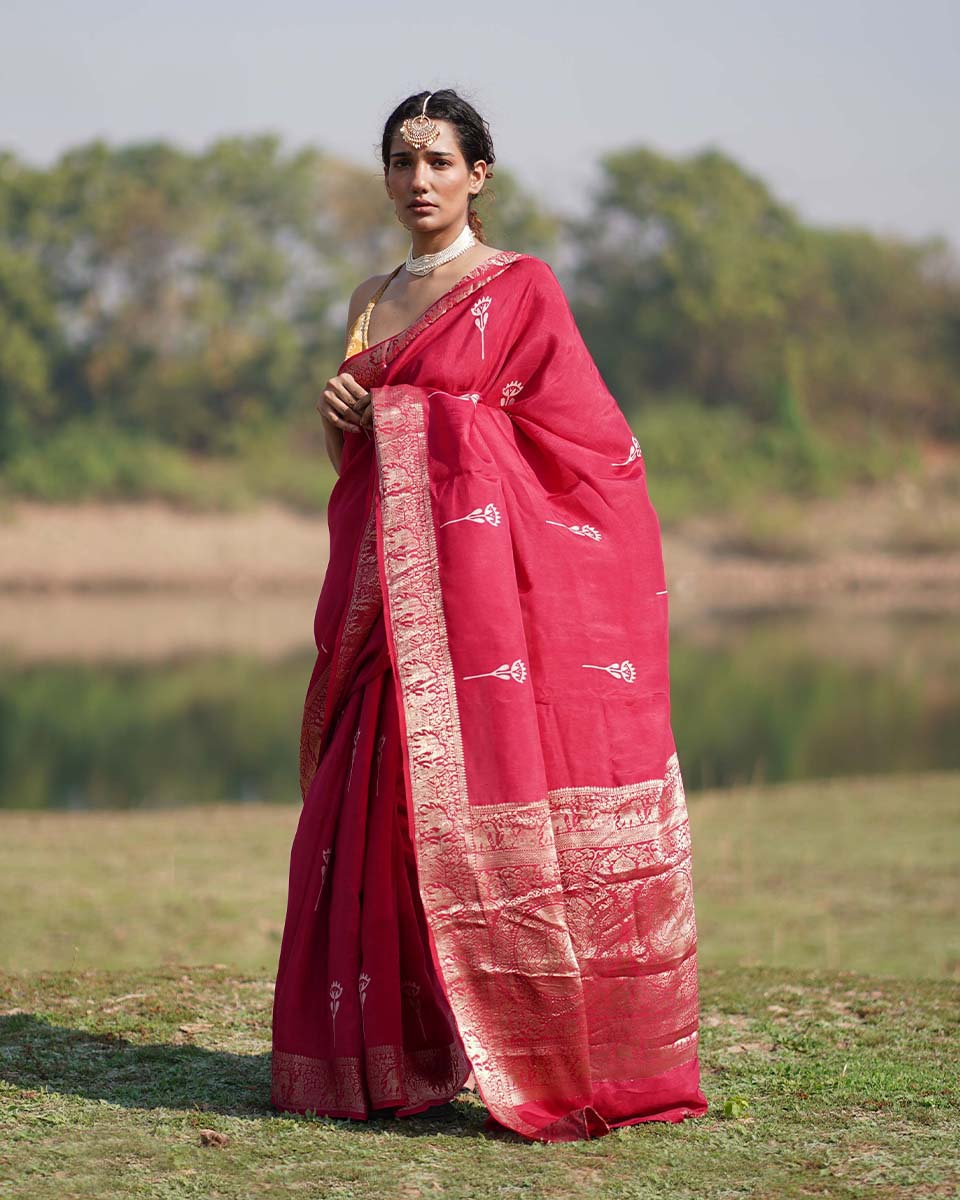 Leela Pink Block printed Dola Silk Saree - RB