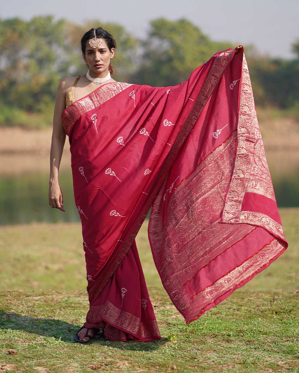 Leela Pink Block printed Dola Silk Saree - RB