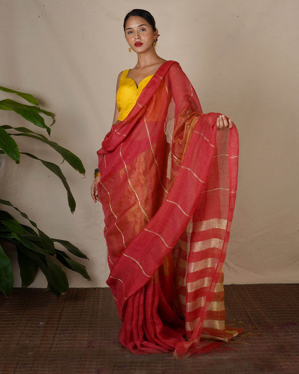 Jyotsna Maroon Handwoven Linen Zari Saree - Eknoor