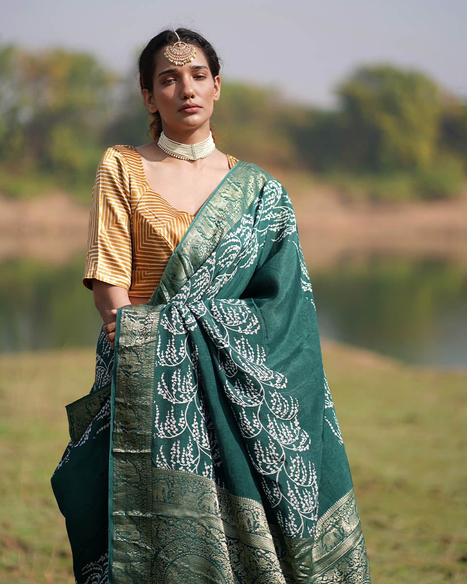 Madhurima Green Block printed Dola Silk Saree - RB