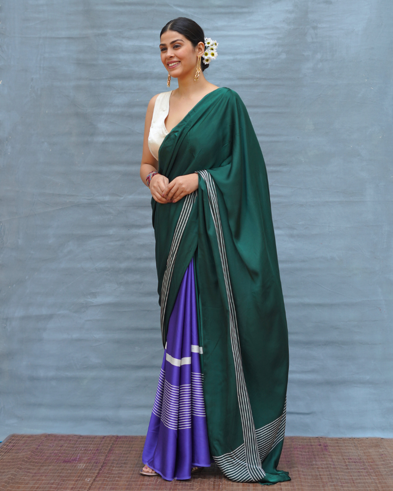 Slow Ripple Green Handblock Print Modal Silk Saree - Flow