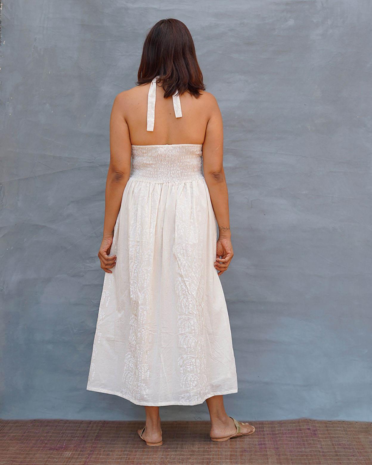 Cloudfall White Handblock Print Cotton Dress - Safed