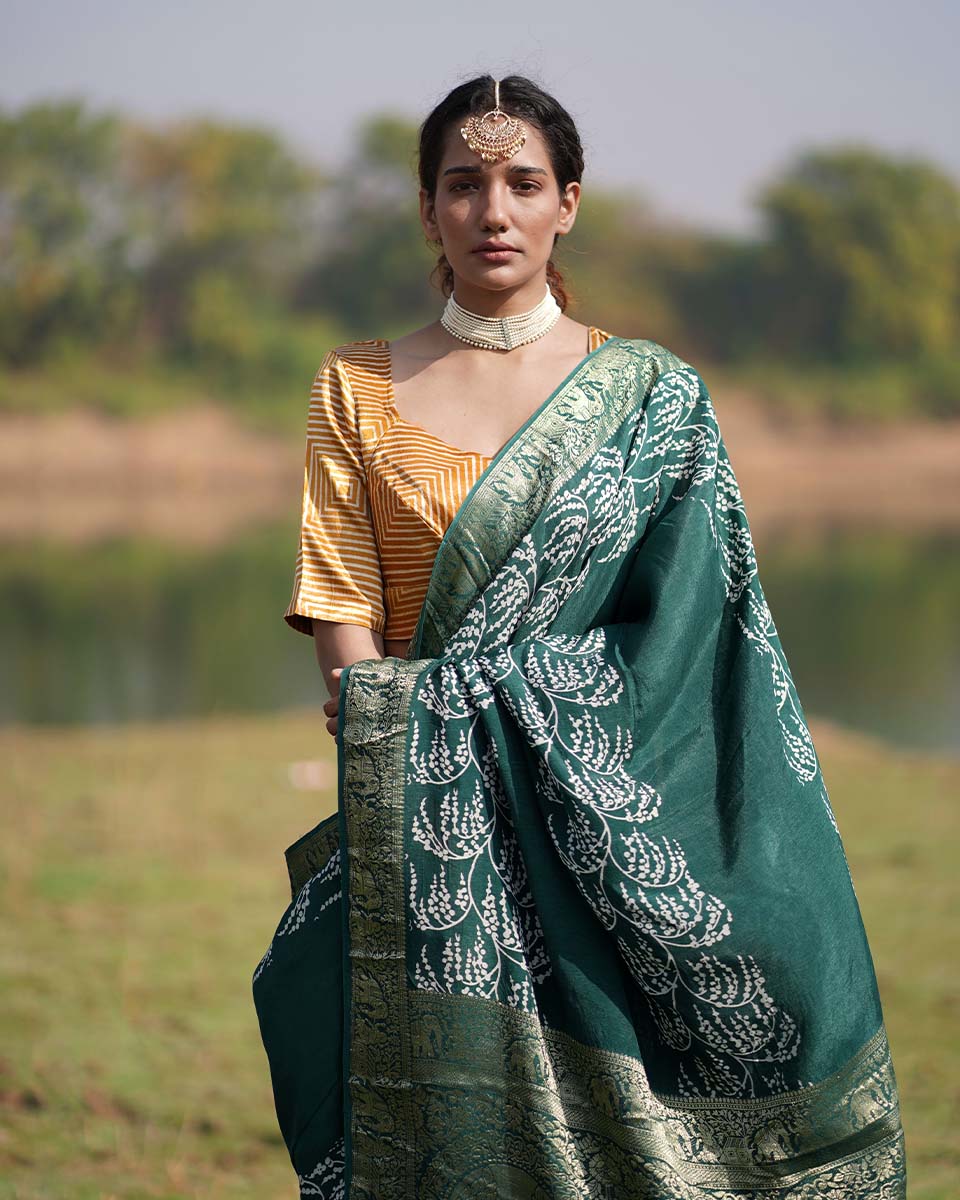 Madhurima Green Block printed Dola Silk Saree - RB
