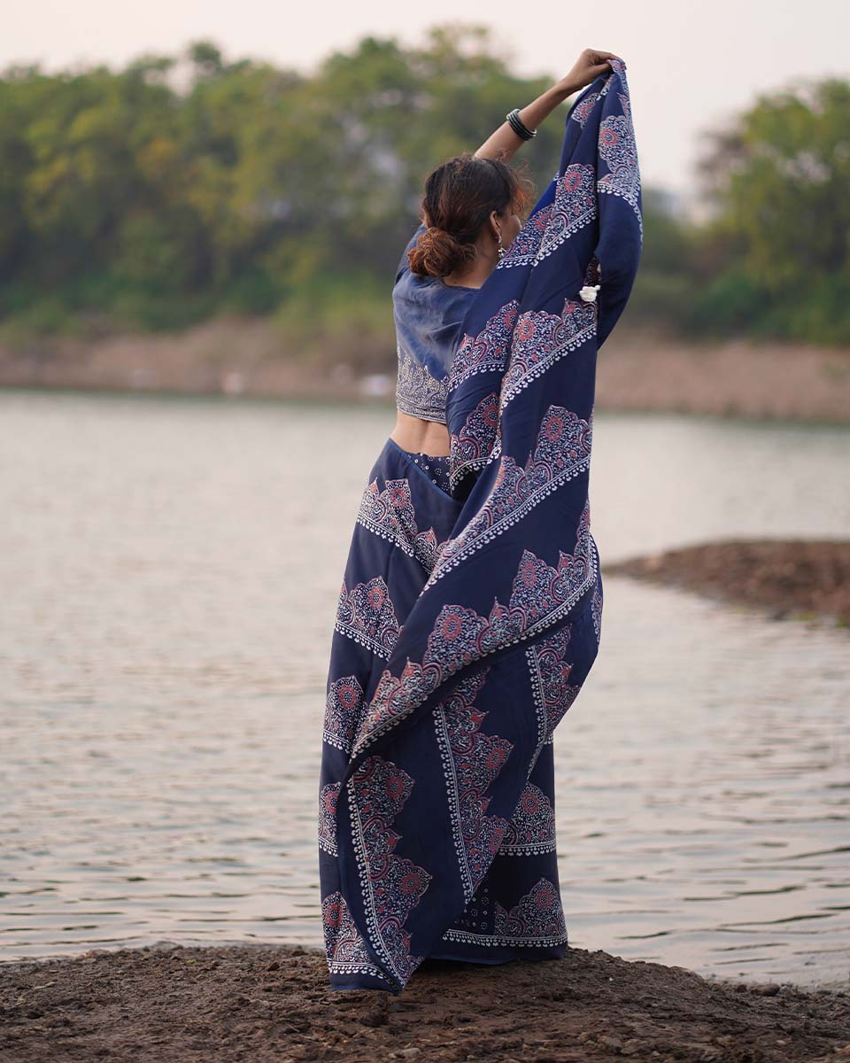 Elishat Black Block printed Modal Silk Saree - Jaisal