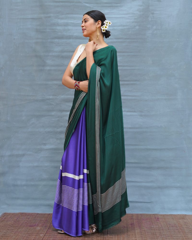 Slow Ripple Green Handblock Print Modal Silk Saree - Flow