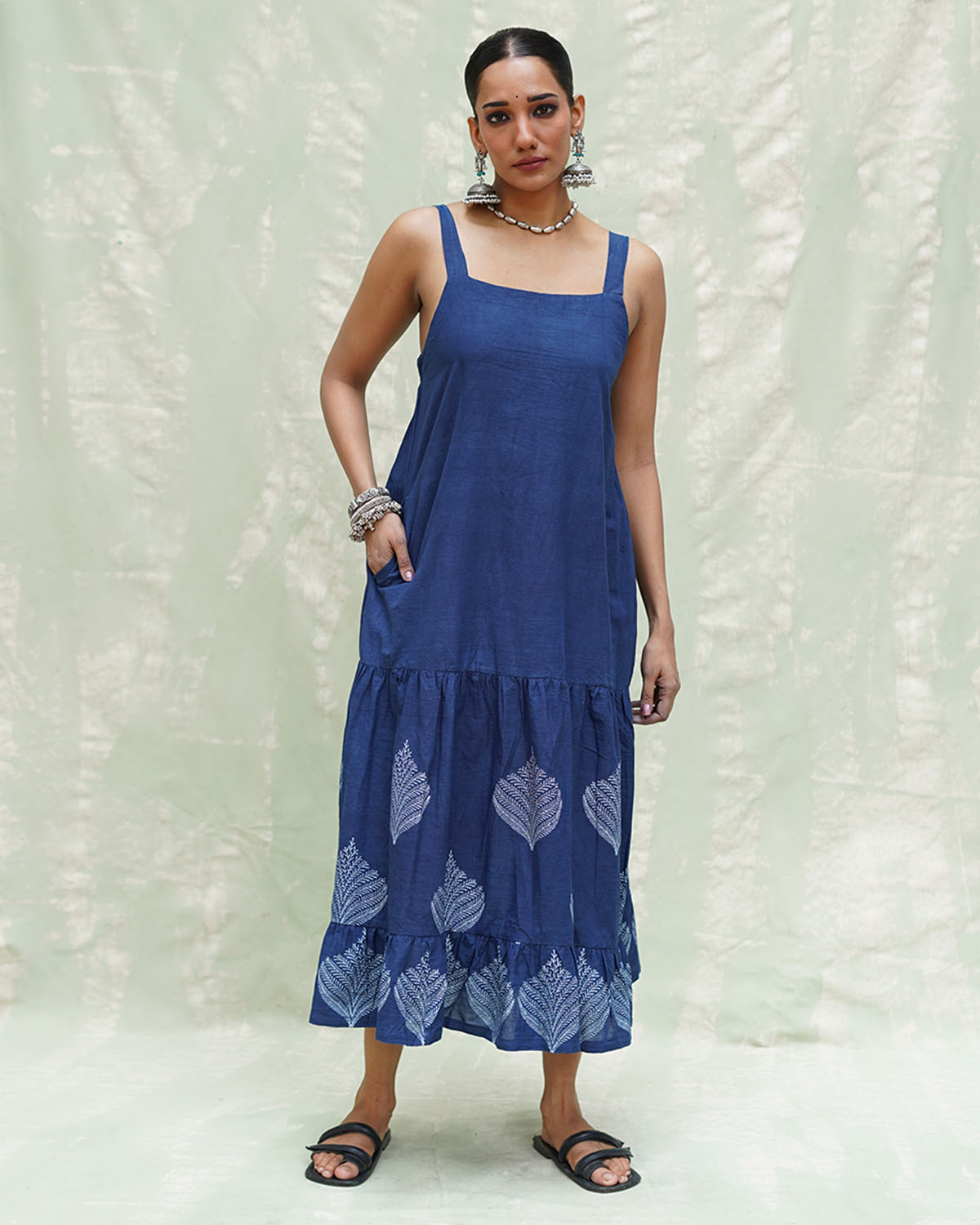 Bahar Blue Handblock Print Cotton Dress - INDI