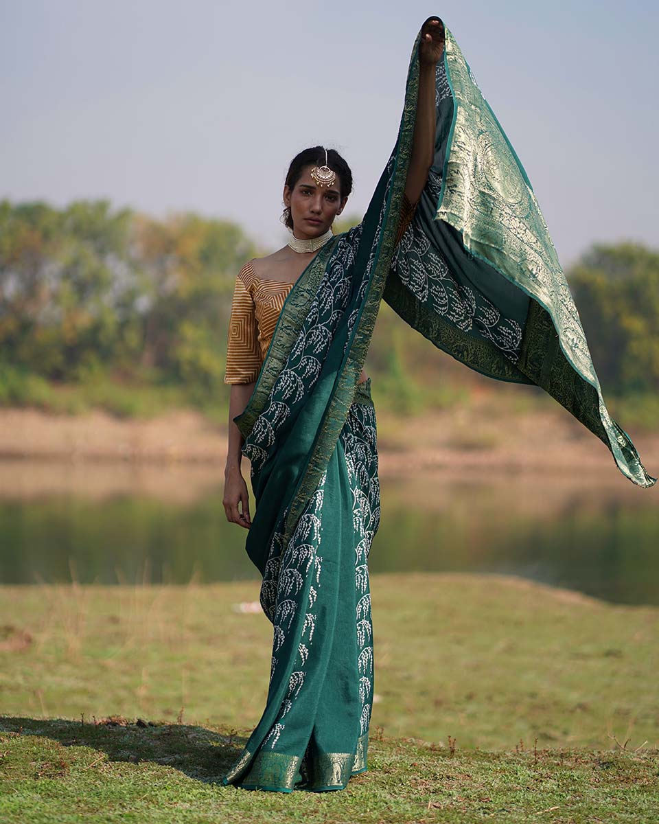Madhurima Green Block printed Dola Silk Saree - RB